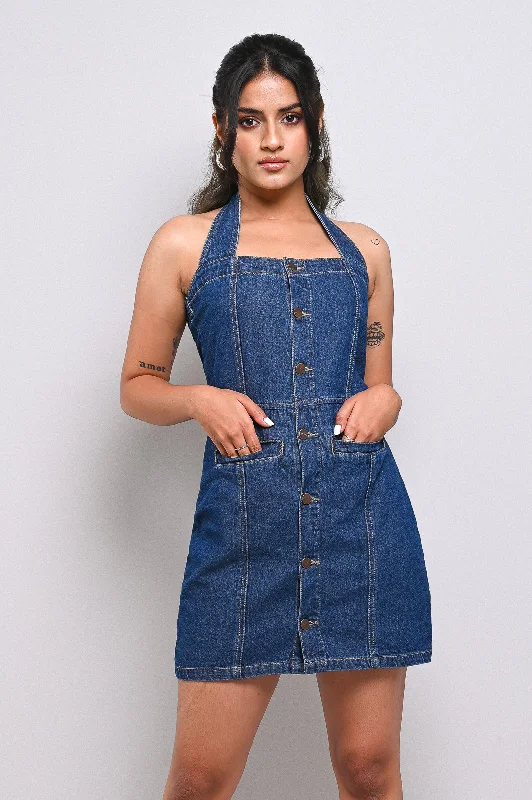Halter Fitted Denim Dress Dynamic Women's Moto