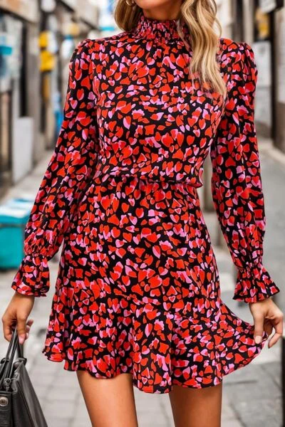 Heart Printed Mock Neck Flounce Sleeve Dress Hip Women's Urban