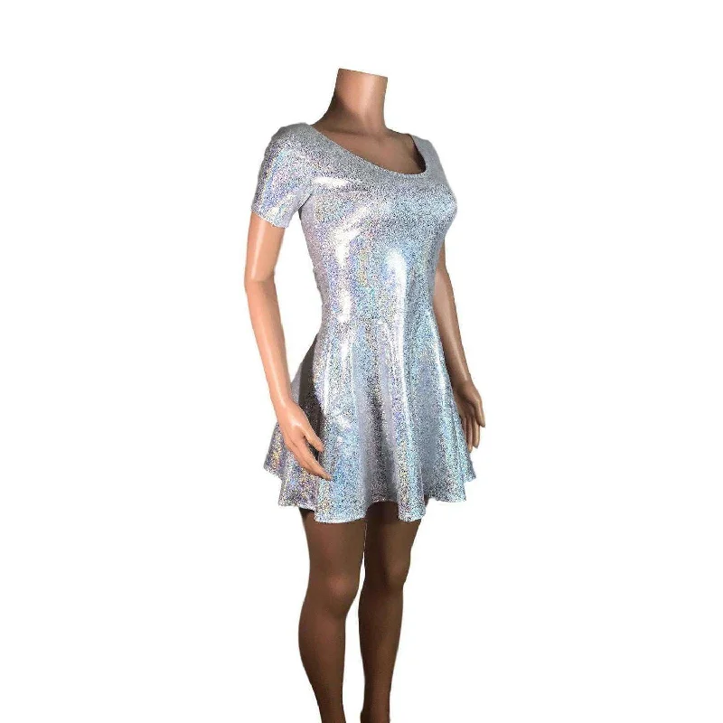 Silver Holographic Short Sleeve Skater fit n flare Dress Confident Women's Power