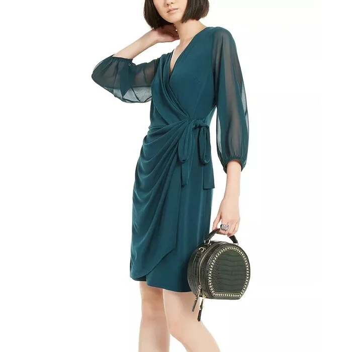 INC International Concepts Women's Balloon-Sleeve Wrap Dress Med Green Size X-Large Preppy Women's College
