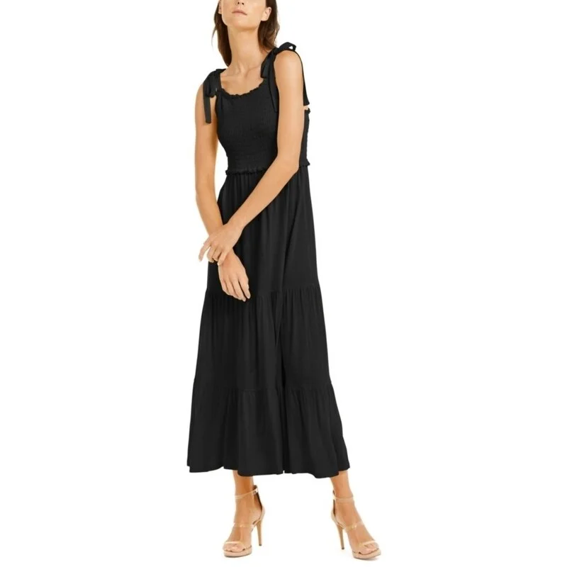 INC International Concepts Women's Smocked-Bodice Peplum Midi Dress Black Size Large Cashmere