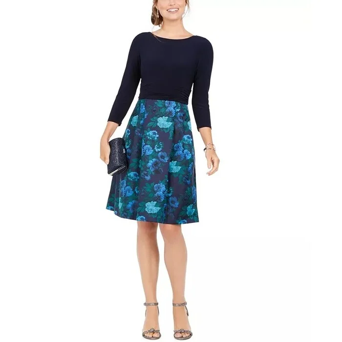 Jessica Howard Women's Jersey & Printed Taffeta Dress Blue Size 14 Petite - 14 Petite Country