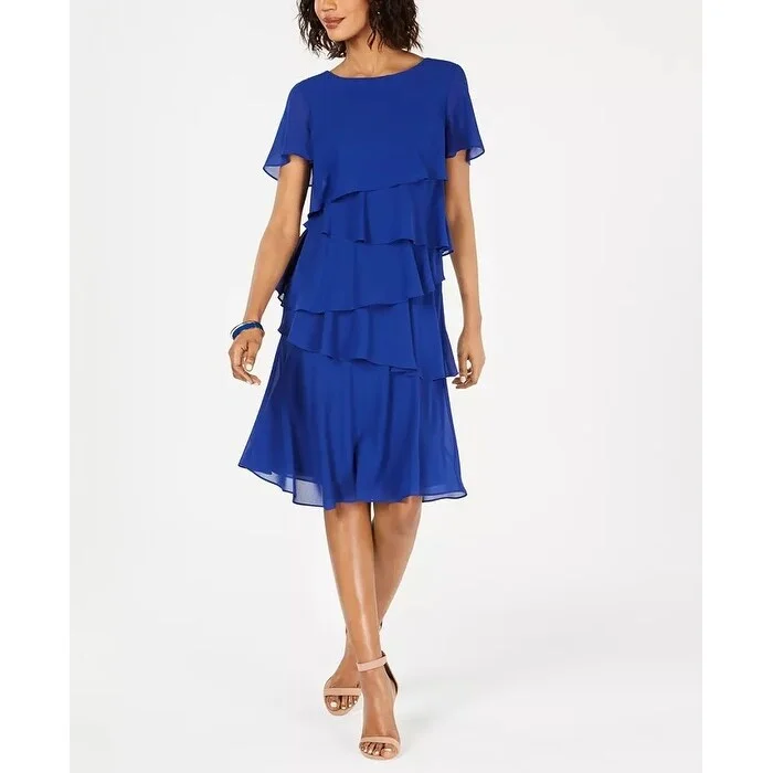 Jessica Howard Women's Petite Tiered-Chiffon Dress Bright Blue Size 8 P - 8P Streetwear Style for 
