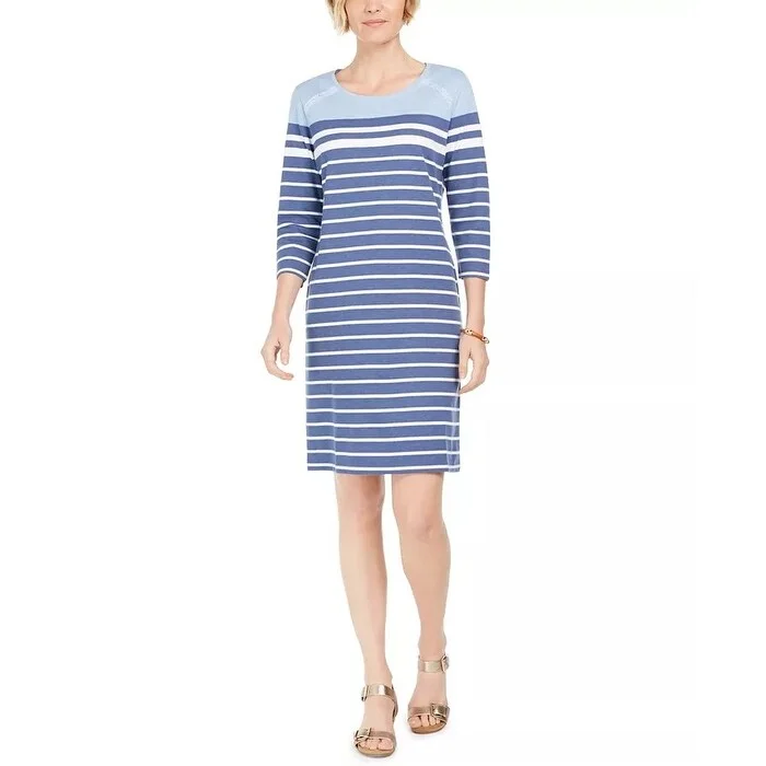 Karen Scott Women's Sport Striped Grommet-Shoulder Shift Dress Blue Size Medium Traditional Women's Wool Karen Scott Women's Sport Striped Grommet-Shoulder Shift Dress Blue Size Medium Traditional Women's Wool