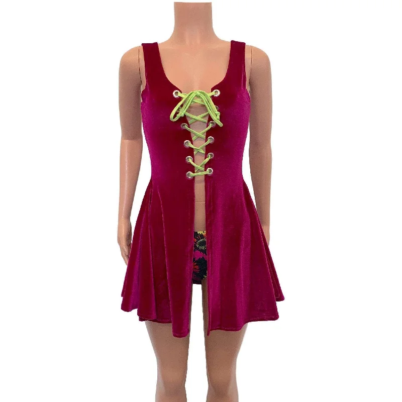 Lace-Up Open-Front Dress - Fuchsia Pink Velvet Laid - back Women's Style
