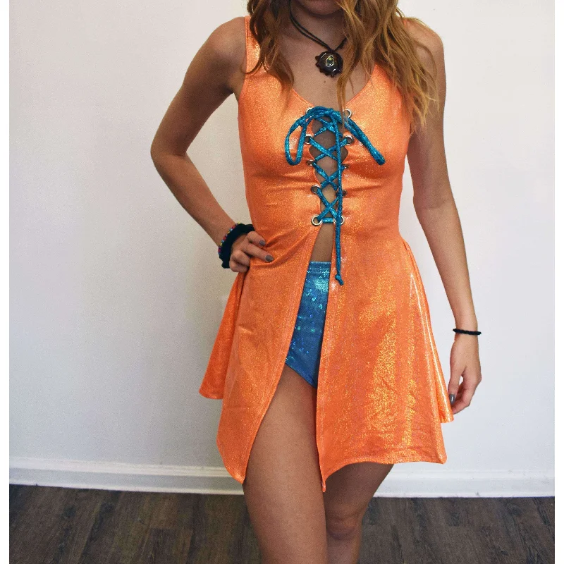 Lace-Up Open-Front Dress - Orange Sparkle Cool Women's Distressed