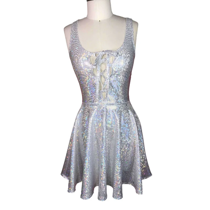 SALE - Lace-Up Silver Holographic Skater fit n flare Dress Hip Women's Urban