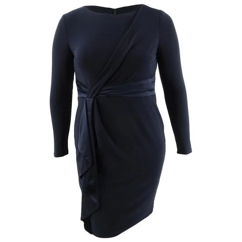 Lauren Ralph Lauren Women's Petite Satin-Trim Long-Sleeve Jersey Dress Navy Size 12 Confident Women's Power