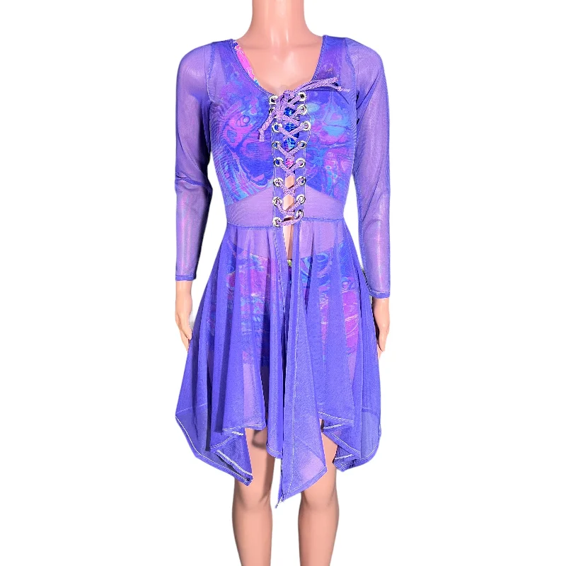 Lavender Purple Mesh Long Sleeve Lace-Up Open-Front Asymmetrical Dress - Sheer Rave Dress Contemporary 