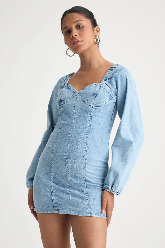 Light Blue Full Sleeve Denim Dress Trendy Women's 