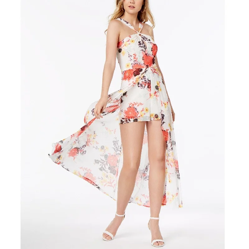 Material Girl Juniors Printed Romper with Sheer Overlay Maxi Skirt Cloud Dancer Combo Size Small - White Polished Women's Silk