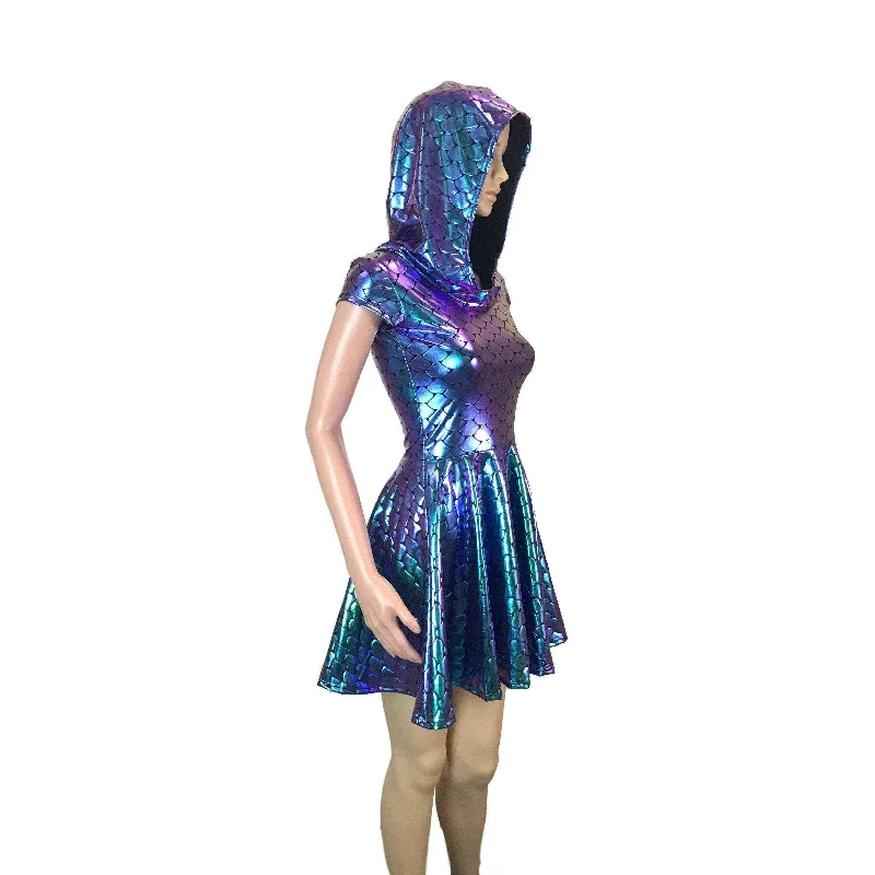 Mermaid Scales Holographic Cap Sleeve Hoodie Skater Dress Confident Women's High - fashion