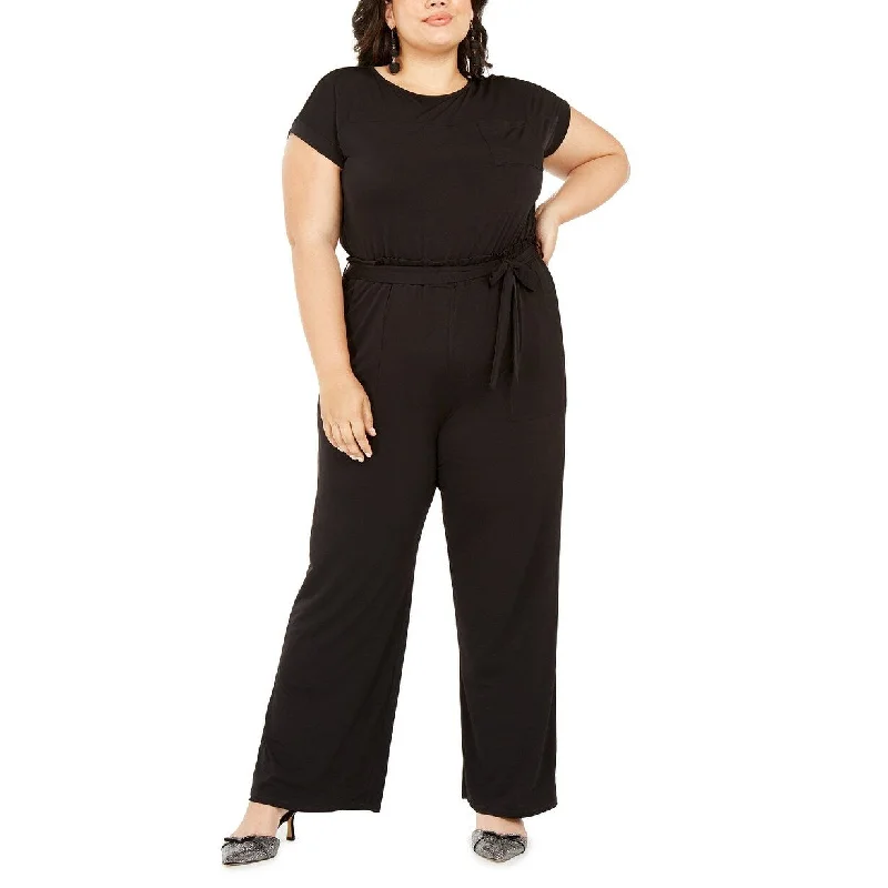 Monteau Trendy Women's Plus Size Belted Paperbag-Waist Jumpsuit Black Size Extra Large Bold Women's Animal Print
