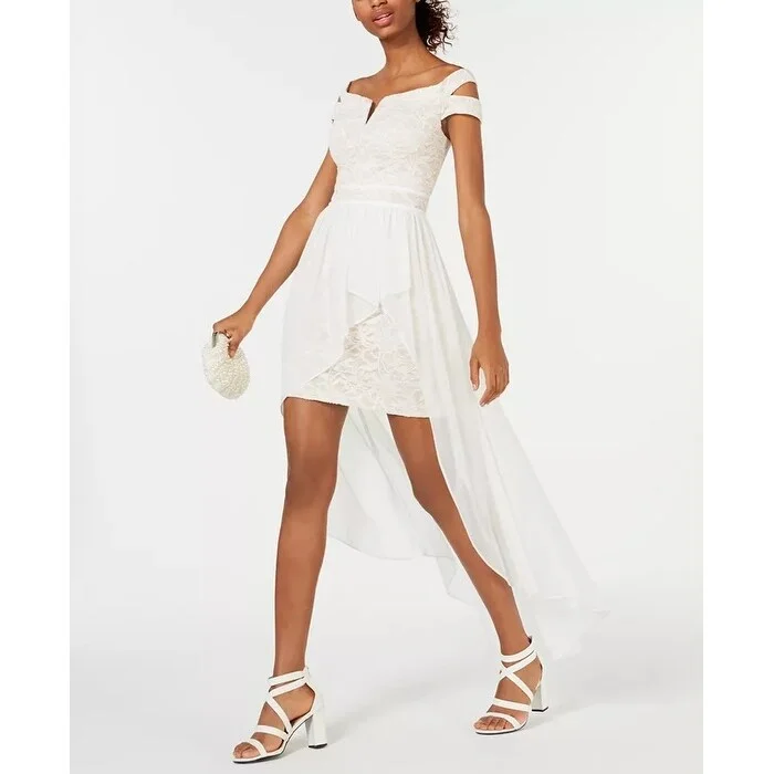 Morgan & Company Juniors' Off-The-Shoulder Asymmetrical Gown Natural Size 9 Disco