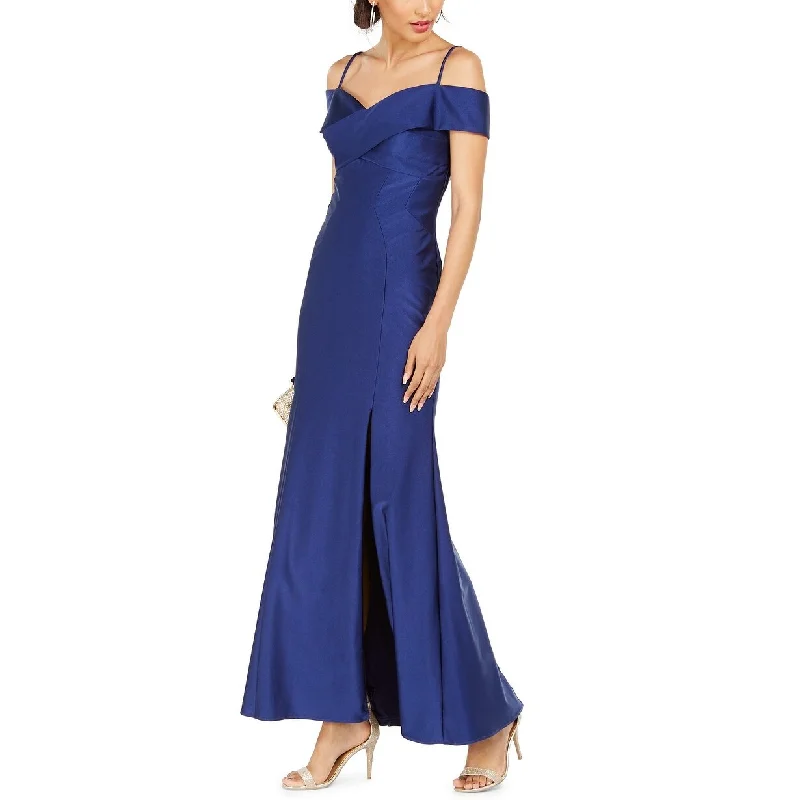 Nightway Women's Off-The-Shoulder Sateen Slit Gown Blue Size 14 Sharp Women's Italian