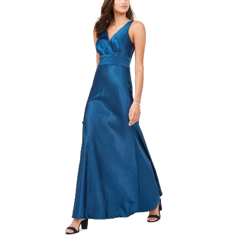 Nightway Women's Petite V-Neck Satin Gown Dark Blue Size 6 Dapper Women's Bow - adorned