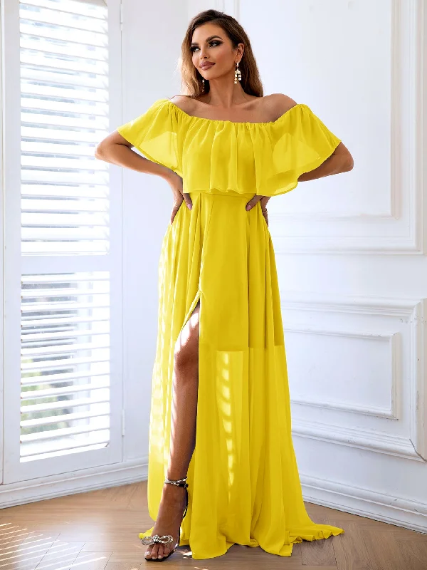 Off-Shoulder Layered Split Maxi Dress Relaxed Women's Beachy