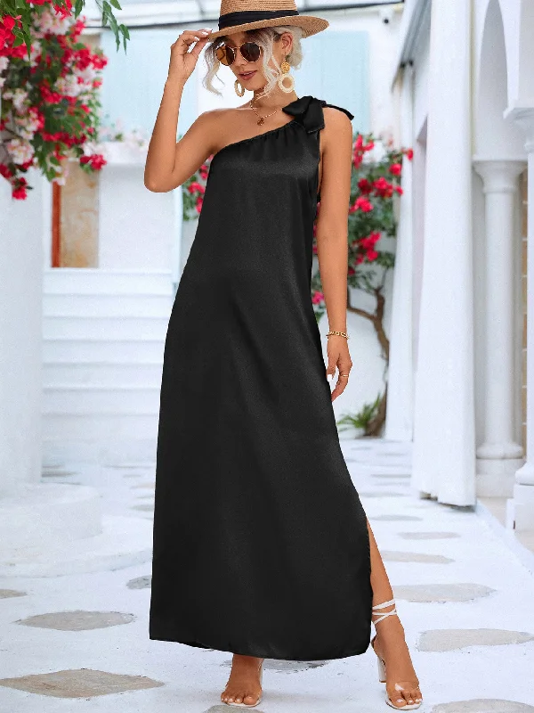 One-Shoulder Slit Maxi Dress Traditional Women's Wool