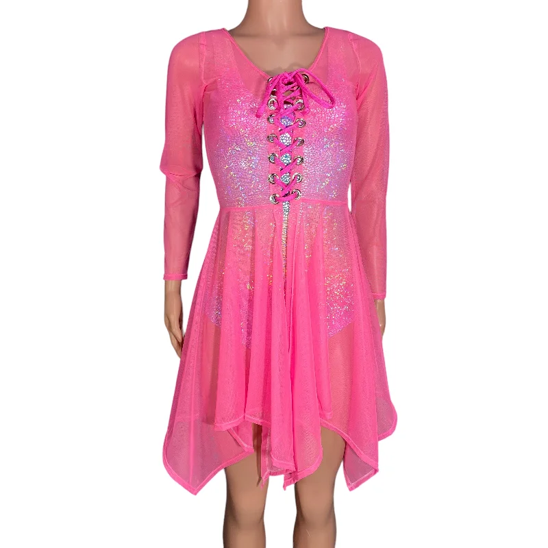 Pink Mesh Long Sleeve Lace-Up Open-Front Asymmetrical Dress - Sheer Rave Dress Practical Women's Multi - 
