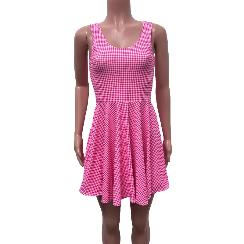 Pink Plaid Gingham Barbie Skater Dress | Pink Checkered Spandex Dress Feminine Women's Style 