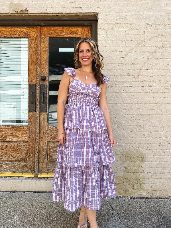 Plaid Sweetheart Midi Dress Artistic Women's Hand - painted