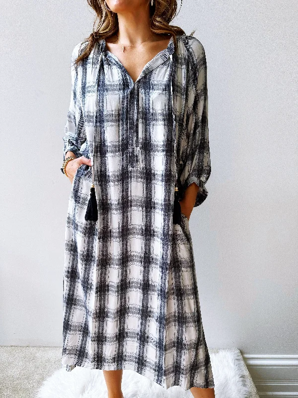 Plaid Tunic Midi Dress British Gentlewoman Style