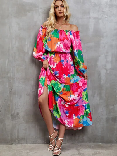 Printed Off-Shoulder Balloon Sleeve Tiered Dress Contemporary 