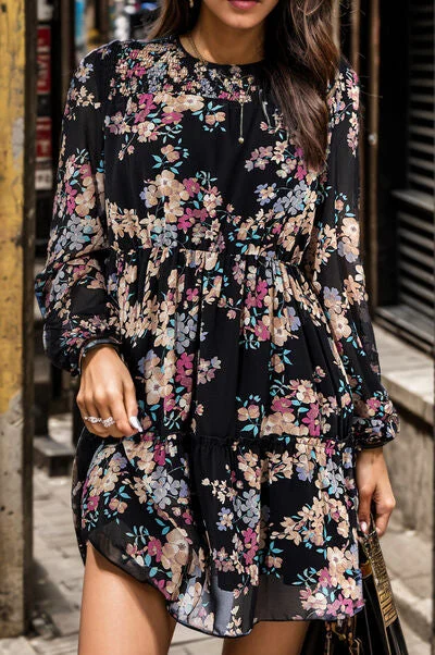 Printed Round Neck Balloon Sleeve Mini Dress Athletic Women's High - 