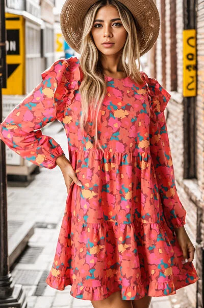 Printed Ruffle Trim Balloon Sleeve Tiered Dress Trendy Women's Oversized
