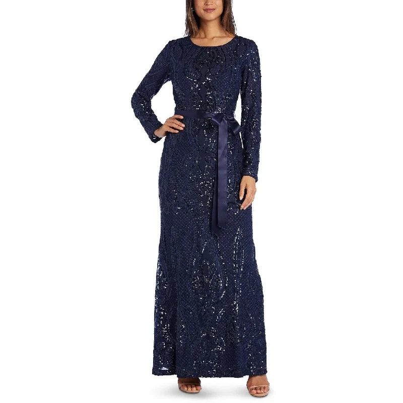 R & M Richards Women's Sequined Open Back Gown Navy Size 6 Petite - 6 Petite Dapper Women's Bow - adorned