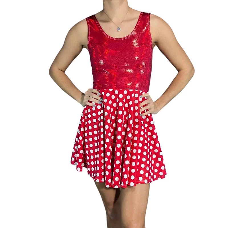 Red & White Polka Dot w/ Red Sparkle Skater Dress | Minnie Spandex Dress Sophisticated Women's 