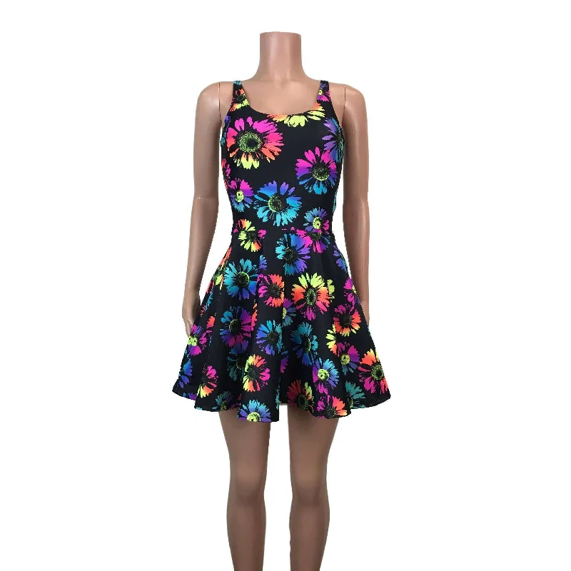SALE - SMALL ONLY - Electric Daisy Neon Flower Skater fit n flare Tank Dress Dynamic Women's Moto