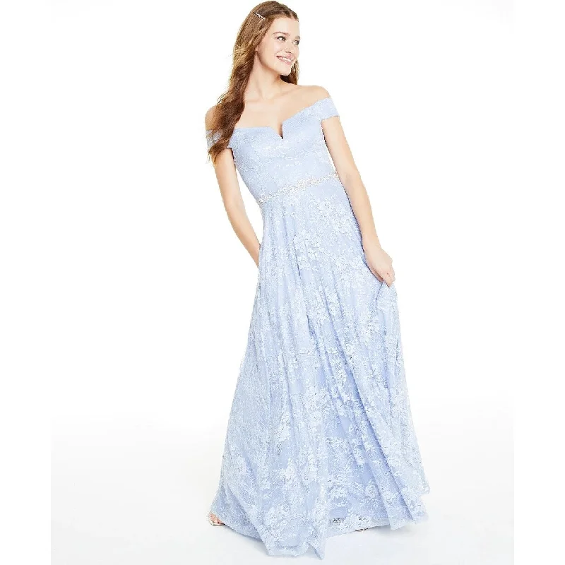 Say Yes To The Prom Junior's Off The Shoulder Sequined Lace Gown Blue Size 9 Luxurious Women's High -  end