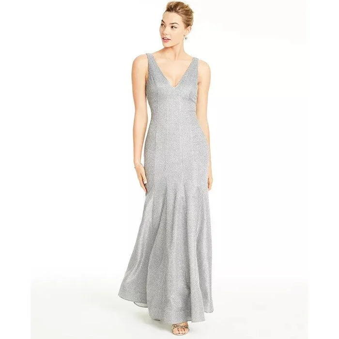 Sequin Hearts Women's Glitter Trumpet Gown Metallic Silver Size 7 Sleek Women's Metallic