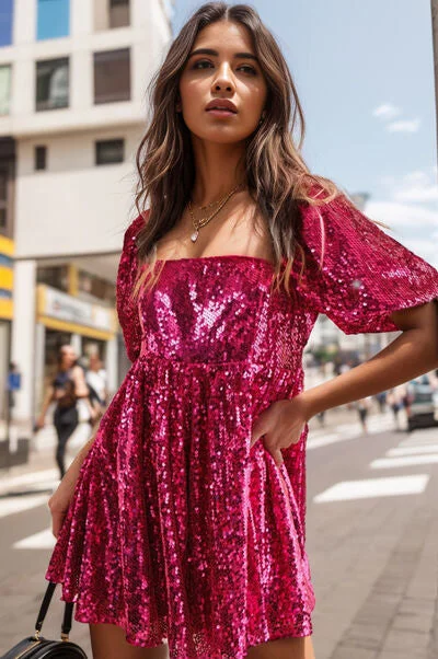 Sequin Square Neck Balloon Sleeve Romper Laid - back Women's Vibe