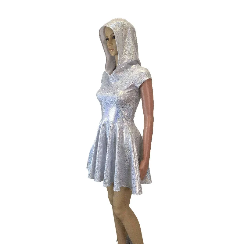 Hooded Skater Dress - Silver on White Holographic Fit n Flare Dress Refined Women's Hand - crafted