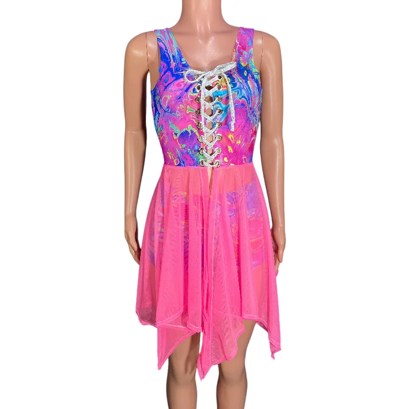 Sleeveless Lace-Up Open-Front Asymmetrical Fairy Dress *Rainbow Vapor w/Pink Mesh* Traditional Women's 