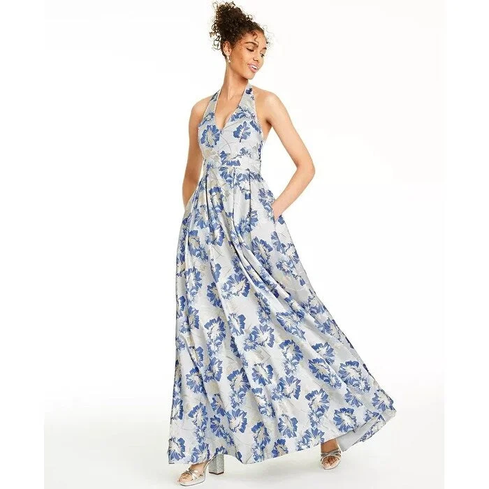 Speechless Junior's Metallic Floral Brocade Halter Gown Blue Size 3 Modern Women's 