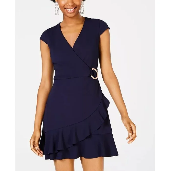 Speechless Junior's Ruffle Faux Wrap Dress Dark Blue Size Small purpose