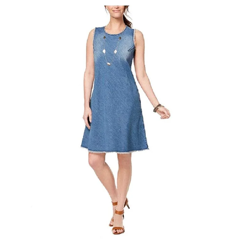 Style & Co Women's Denim Frayed Hem Casual Dress Blue Size 14 Traditional Women's 