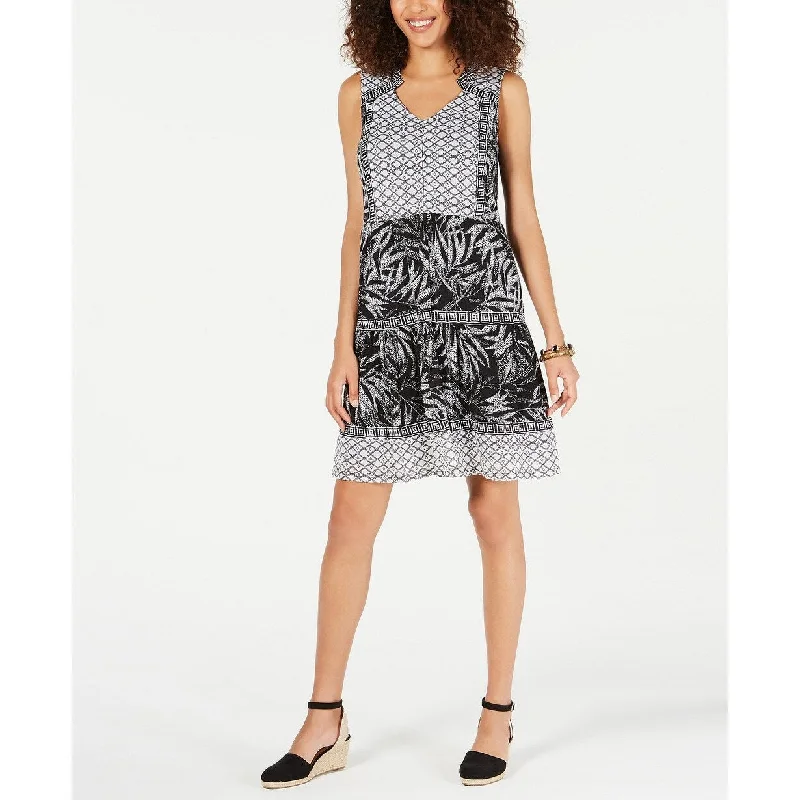 Style & Co Women's Petite Printed Peasant Dress Black Size Petite Youthful Women's Anime - inspired