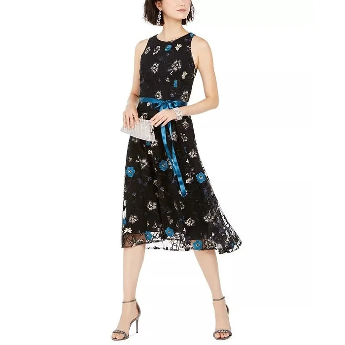 Tahari ASL Women's Sequined & Embroidered Midi Dress Charcoal Size 10 Scandinavian