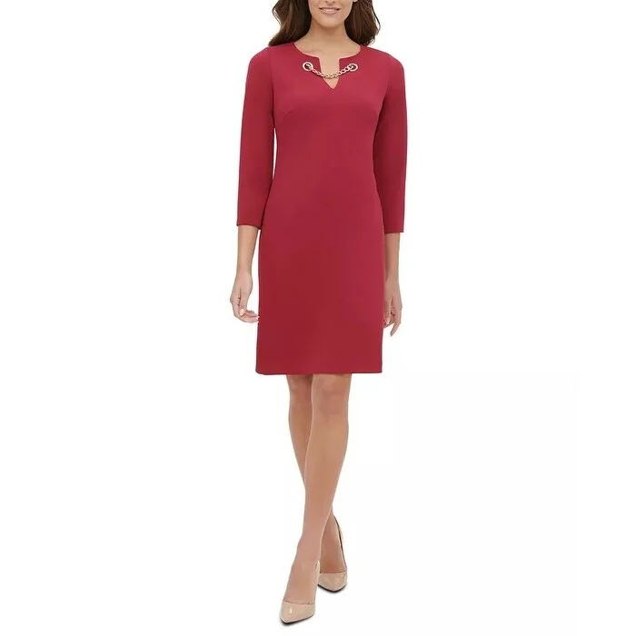 Tommy Hilfiger Women's Petite Chain-Neck Shift Dress Dark Red Size 4 P Sporty Women's Athleisure 