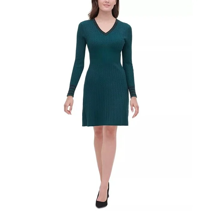 Tommy Hilfiger Women's V-Neck Cable-Knit Sweater Dress Green Size Medium British Gentlewoman Style Tommy Hilfiger Women's V-Neck Cable-Knit Sweater Dress Green Size Medium British Gentlewoman Style