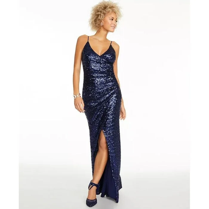 Trixxi Juniors' Ruched Sequined Gown Navy Size 3 Refined Women's 