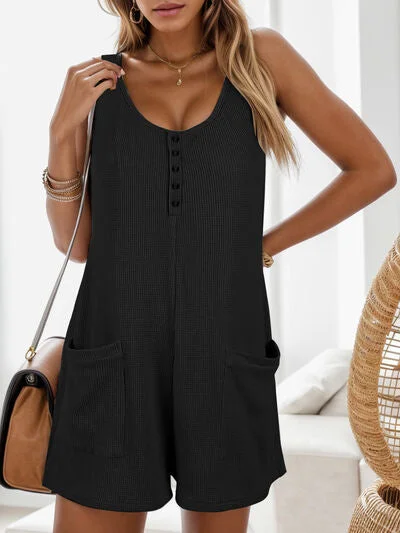 Waffle-Knit Scoop Neck Wide Strap Romper Sleek Women's Metallic