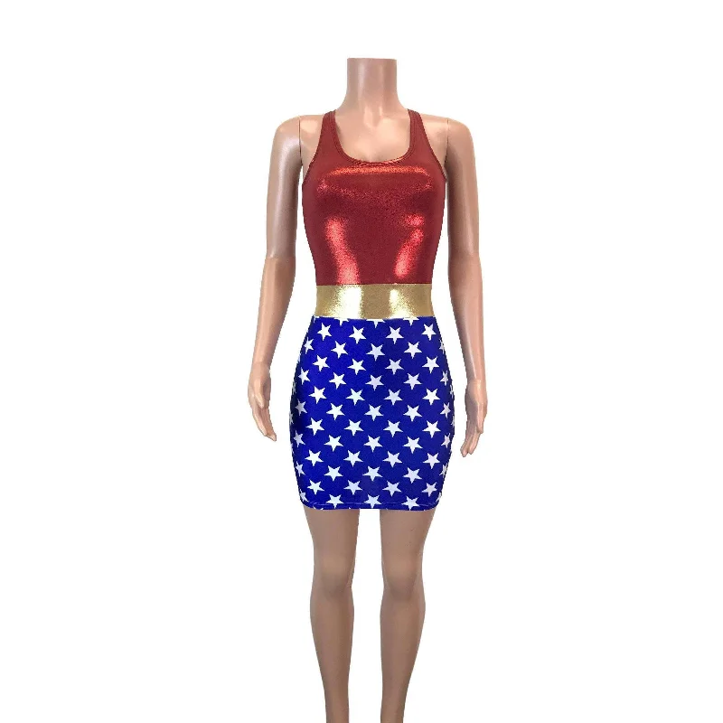 Wonder Woman Bodycon Dress Costume- Clubwear, Rave Wear Feminine Women's Soft 