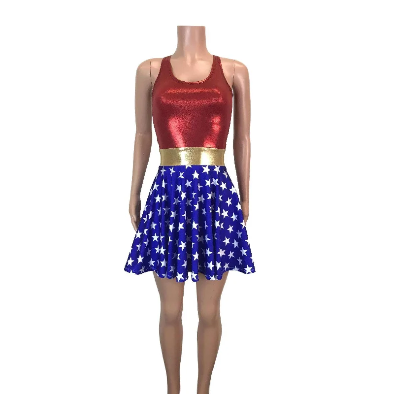 Wonder Woman Skater Dress Costume- Clubwear, Rave Wear, Mini Circle Skirt Cozy Women's Sherpa - lined