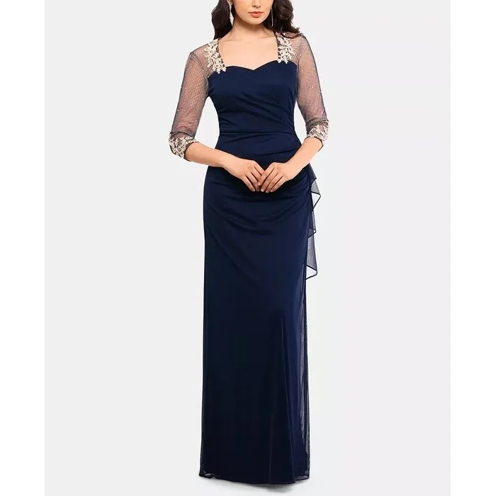 XSCAPE Women's Embellished Illusion Gown Dark Blue Size 10 Petite - 10 Petite Edgy Women's Punk