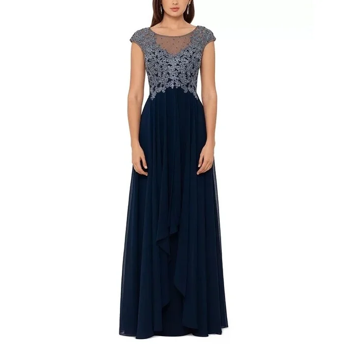 XSCAPE Women's Embroidered Top Chiffon Gown Blue Size 12 Refined Women's 